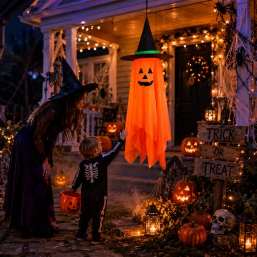 Baboea 39.4-Inch Hanging Ghost Decoration with Witch Hat for Halloween