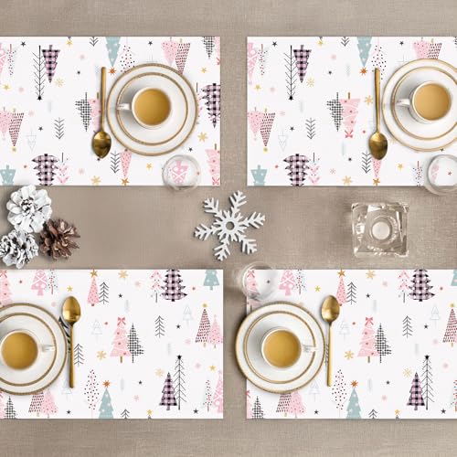 Pink Christmas Tree Placemats Set of 4 - 12x18 Inches Holiday Table Decor
