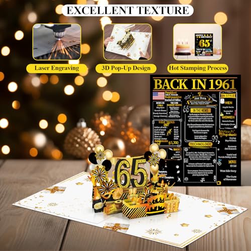 65th Birthday Pop Up Card - 1961 Retro Gold Greeting Card for Men and Women