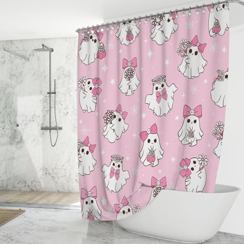 Mocsicka Halloween Pink Ghost Shower Curtain, 71x71 Inch Waterproof Fabric