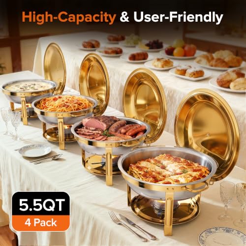 Gold 4 Pack 5.5 QT Round Stainless Steel Buffet Chafing Dishes