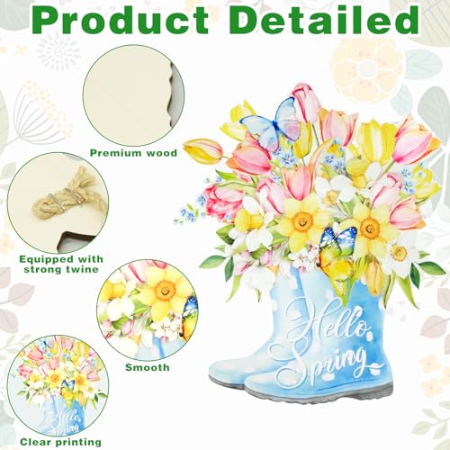 Hello Spring Wooden Door Sign with Colorful Flower Boots
