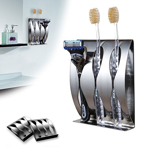 Wall-Mounted Stainless Steel Toothbrush Holder with Adhesive Shelf
