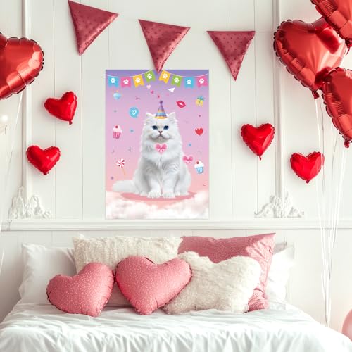 Cat Party Games Set - Pin the Heart on the Cat Poster with Stickers
