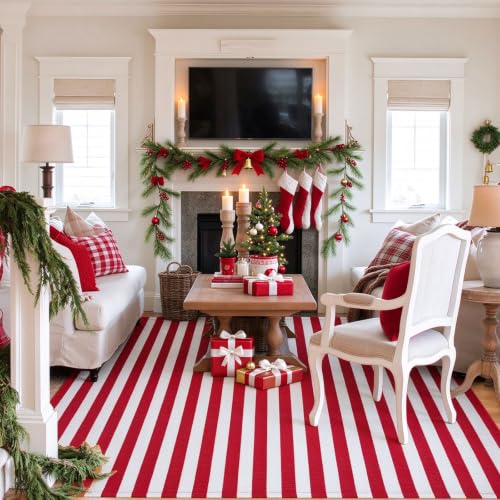 Christmas Outdoor Mat 4x6 ft Red and White Striped Rug Front Porch Decor - Layered Welcome Doormat