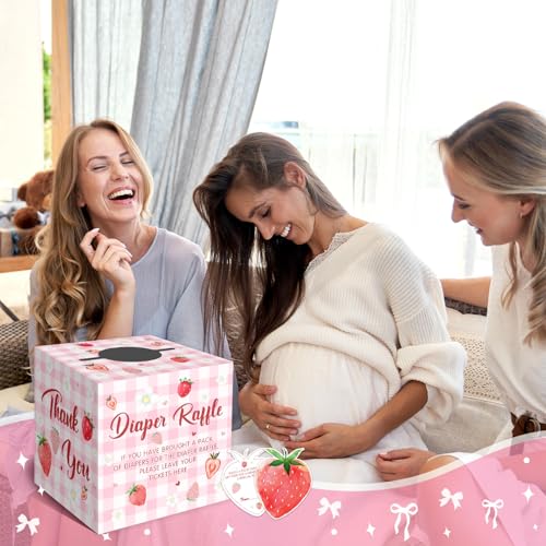 Fisahat Strawberry Baby Shower Decorations - 50 Pink Diaper Raffle Tickets with Box - Baby Girl Theme