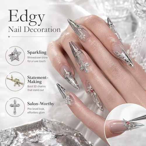 GAWRJ 48PCS Y2K Metal Star & Cross Rhinestone Nail Art Charms