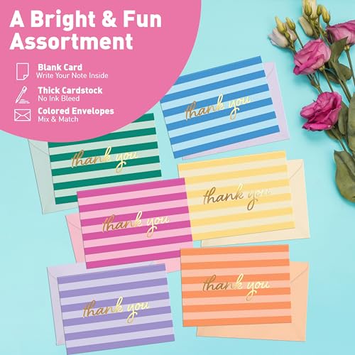Coastal Stripes Thank You Cards Set - 24 Pack with Gold Foil