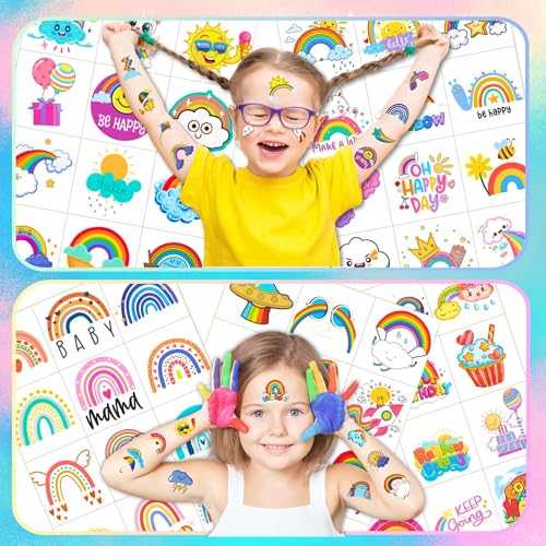 96 PCS Rainbow Temporary Tattoos for Kids, Waterproof Fake Tattoos