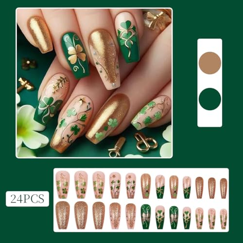 St. Patrick's Day Medium Coffin Press on Nails Green Gold Clover
