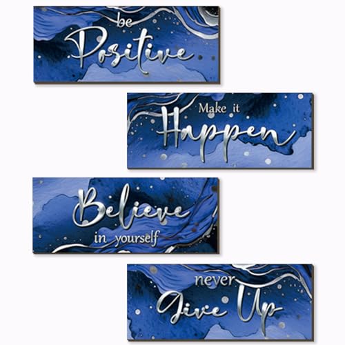 Blue & Silver Motivational Wall Art - 4 Piece Wooden Set for Home & Office