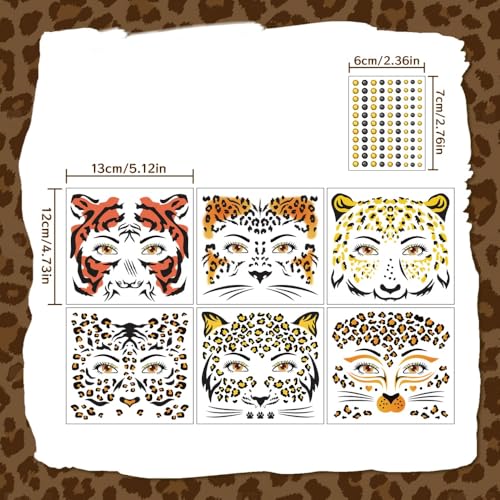 Leopard Print Temporary Face Tattoos with Gems 6 Sheets
