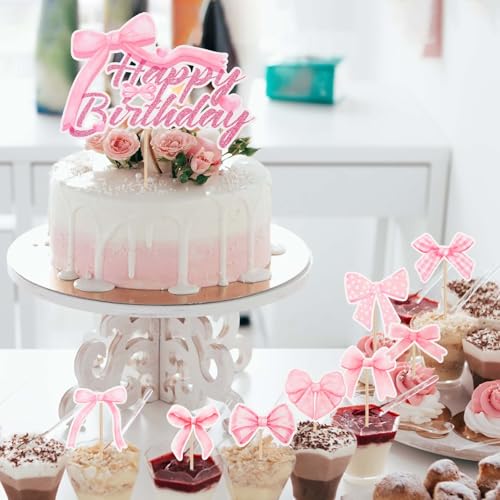 Pink Bow Happy Birthday Cake Topper Set - 25 Pcs Decorations