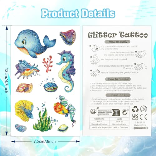 Konsait 120+ Ocean Temporary Tattoos Glitter Under the Sea Party Favors