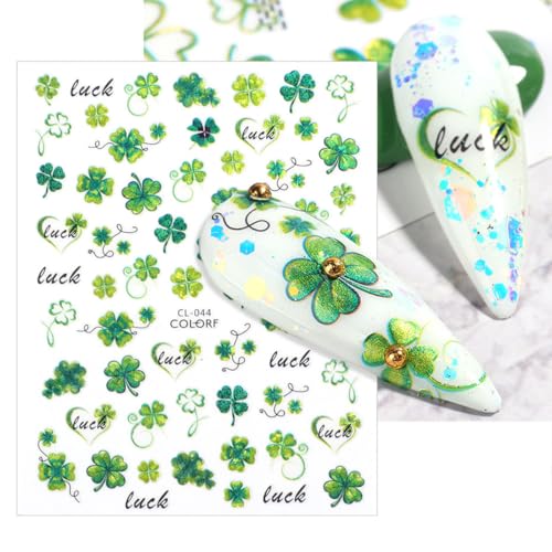 St. Patrick's Day Nail Art Stickers - 12 Sheets Shamrock Green Glitter Self-Adhesive Nail Decals