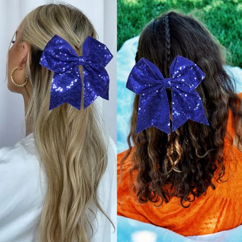 JOYRUBY 7 Inch Large Sequin Deep Blue Hair Bow Clip Cheer Bow
