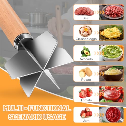 WLKSTS 11-Inch Stainless Steel Meat Masher with 6 Blades – Ground Beef & Mashed Potatoes, One Pack