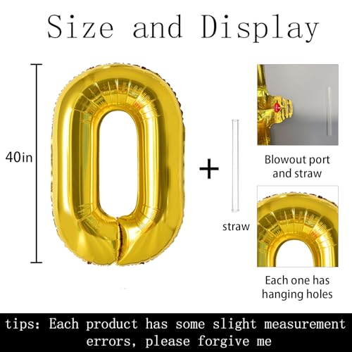 Keyali 40 Inch Gold Number 0 Foil Helium Balloon for Birthday Parties