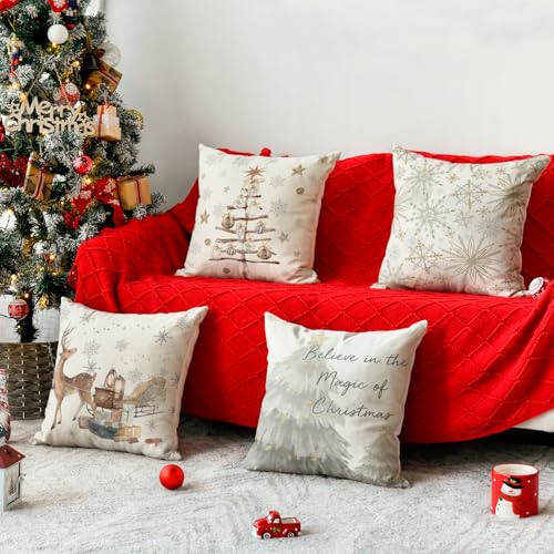 Christmas Snowflake Reindeer Throw Pillow Covers - Set of 4, 18x18