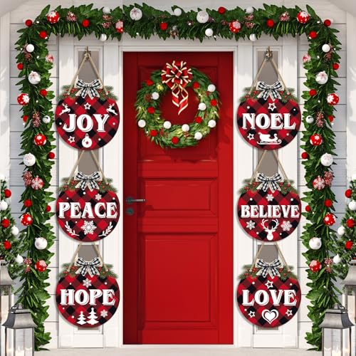 Christmas Hanging Sign Decorations Set - Red & Black Plaid Wreaths Door Sign, 6 Pieces