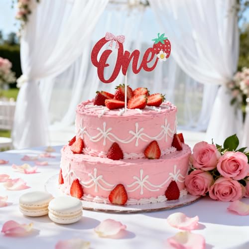 Strawberry Cake Topper for 1st Birthday - Glitter Decoration