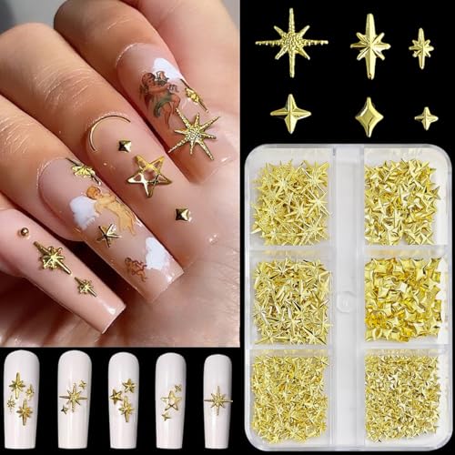 GUAACCB 3D Gold & Silver Star Nail Charms - 2 Box Celestial Metal Jewels