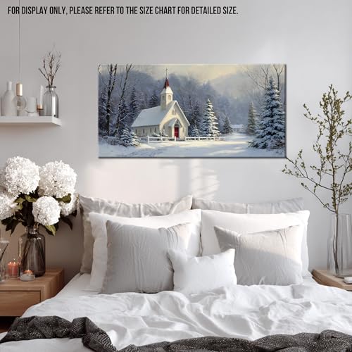 Winter Scene Canvas Wall Art - Snowy Landscape Rustic Church Christmas Decor - 24x32 Inches