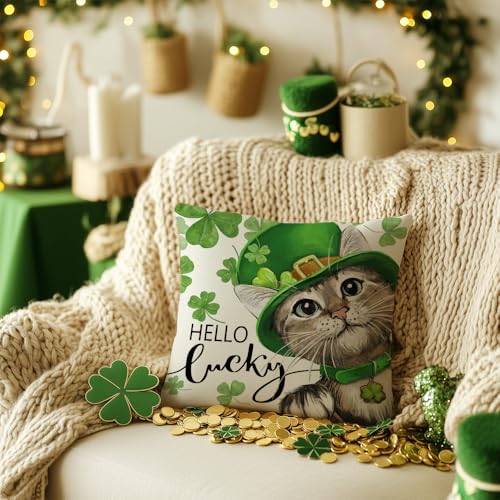 St. Patrick's Day Decorative Pillow Cover 18x18 Inch - Cat Clover Design