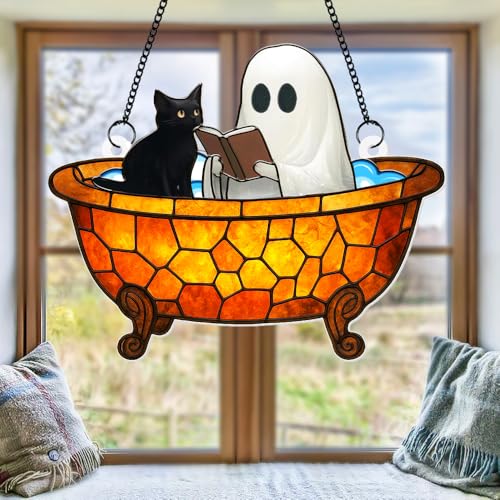 Halloween Ghost Cat Sun Catcher - Stained Glass Window Decor for Halloween & Gothic Home Accent