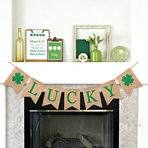 St. Patrick's Day Lucky Banner - Burlap Shamrock Garland Decor