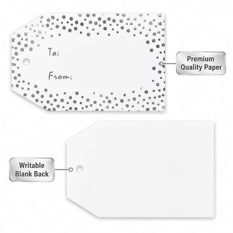 G2PLUS Silver Dot Gift Tags To & From - 50 Pcs with White Kraft Paper, Twine, 2x3.3 In - Silver Dots