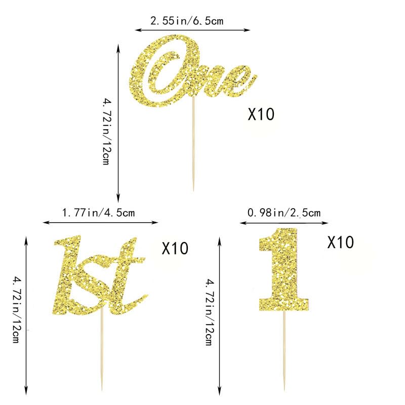 Gold Glitter One Cupcake Toppers 30 Pcs for 1st Birthday Party