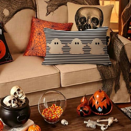 Halloween Ghost Pillow Cover 12x20 - Black Stripe Decor