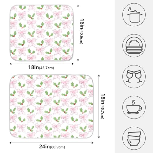 Pink Bow Dish Drying Mat - Absorbent Kitchen Drainer 18"x16"