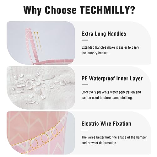 TECHMILLY Baby Laundry Basket with Long Handles - Pink Geometric Nursery Hamper, 1 Pack