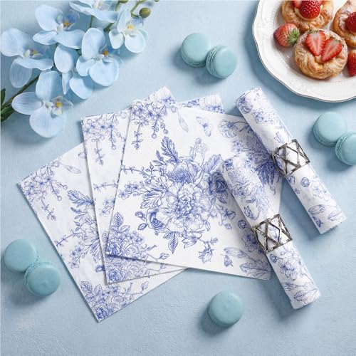 NatNarr 100 Pack Blue Floral Cocktail Napkins - Vintage Chinoiserie Design for Weddings & Showers