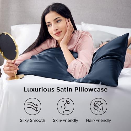 Bedsure Queen Satin Pillowcases Set of 2 - Blue, Hair & Skin Friendly