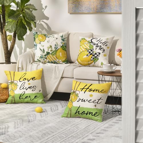Hello Summer Lemon Throw Pillow Covers Set of 4 - 18x18 Inch