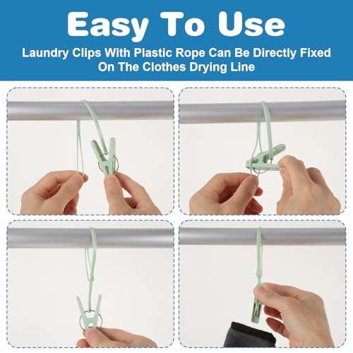 24 Pack Plastic Clothes Pins with Rope - Multicolor Windproof Clothesline Clips for Laundry & Organization
