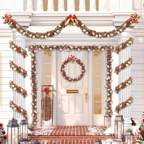 50FT Red Green Christmas Tinsel Garland with Snowman Ornaments - Metallic Xmas Decor