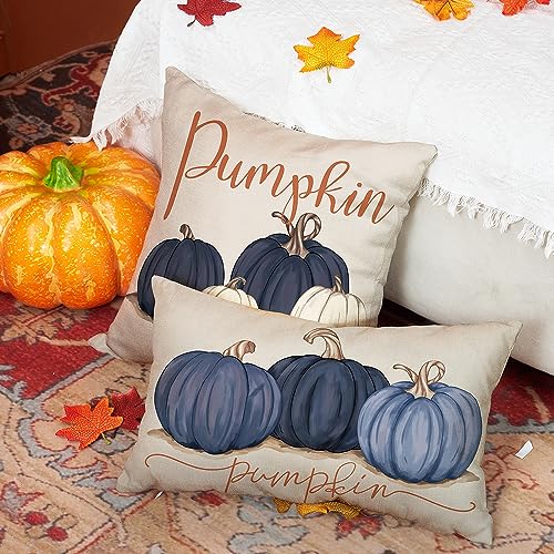 Blue Pumpkin Linen Pillow Cover 12x20 - Autumn Sofa Decor