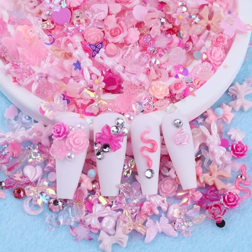 Sinyanail 300pcs Pink Nail Art Charms Kit with Resin Gems Rhinestones Pearls and Sequins