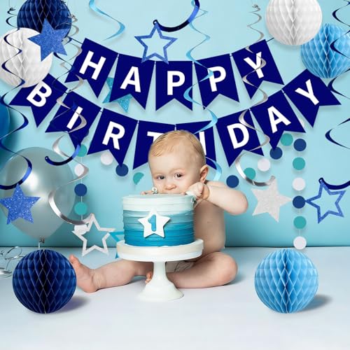 Blue and White Happy Birthday Decoration Set with Glitter Party Supplies