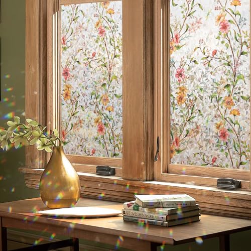 Kromapolis Floral Window Privacy Film, 17.5" x 78.7" 3D Rainbow Static Cling