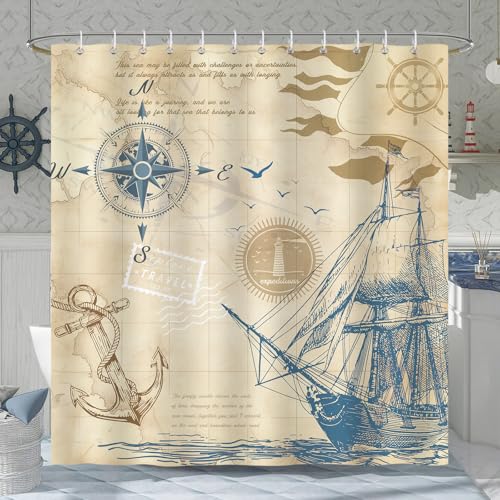 Nautical Shower Curtain - Vintage Sailboat & Anchor Design, 72x72