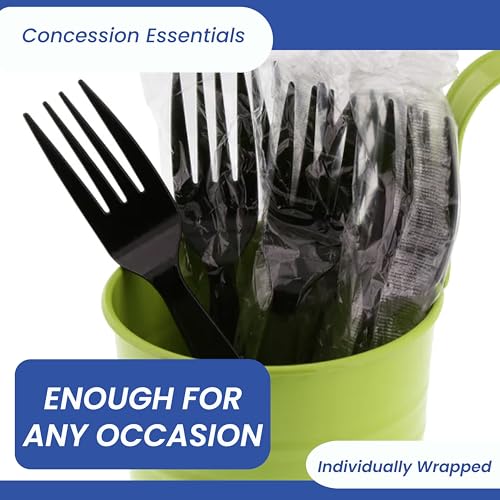 Concession Essentials 7.25" Heavy Weight Plastic Forks, Black, 100ct Wrapped