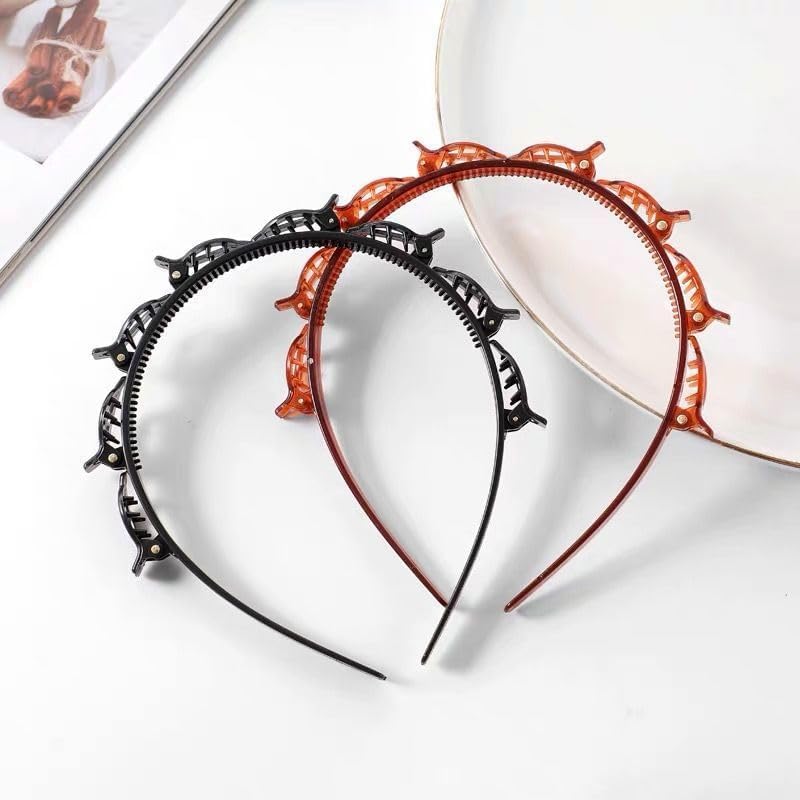 Double Layer Twist Plait Headband with Small Clips 2-Piece Set
