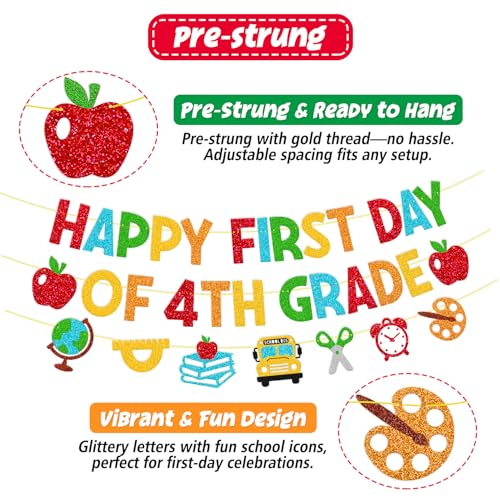 Happy First Day of 4th Grade Banner - Colorful Back-to-School Decor