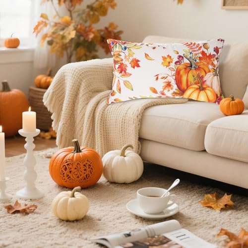 Fall Pumpkin Maple Leaf Lumbar Pillow Cover 12x20 Inch Thanksgiving