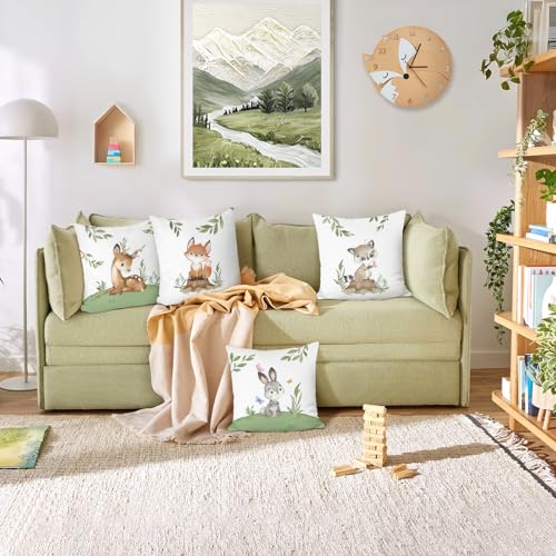 Bonhause 18x18 Inch Animal Throw Pillow Covers (Set of 4) - Bunny, Deer, Fox, Raccoon
